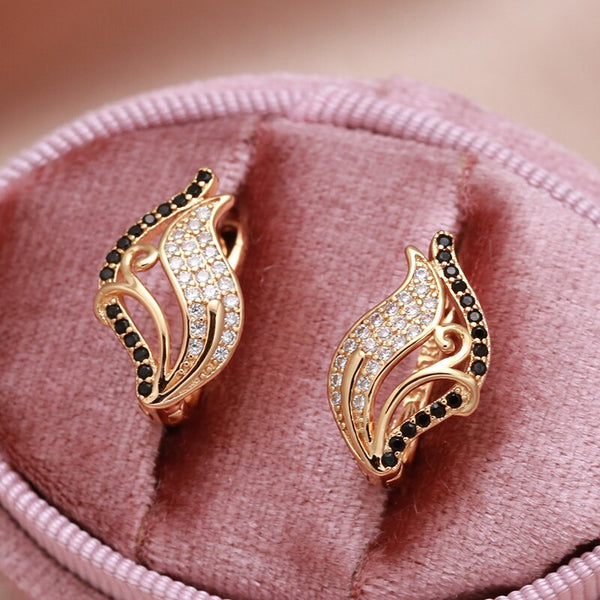 New 585 Rose Gold Elegant Curve Dark Zircon Clip Earrings