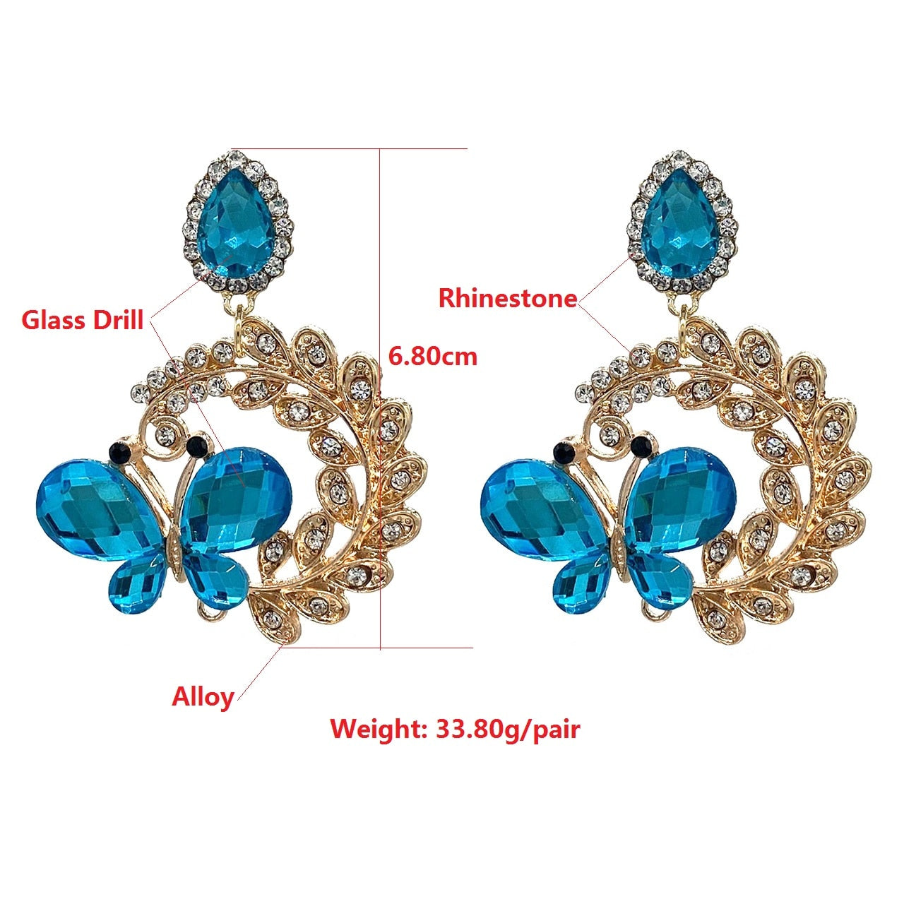 Blue Butterfly Crystal Earrings Statement Alloy Pendant Rhinestones Oorbellen For Women