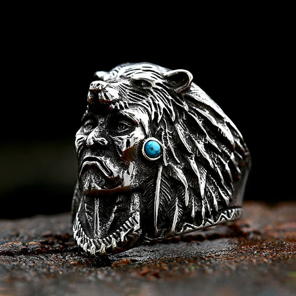 Vintage Stainless Steel Indian Warrior Ring With Blue Stone Punk Biker Wolf Animal Ring