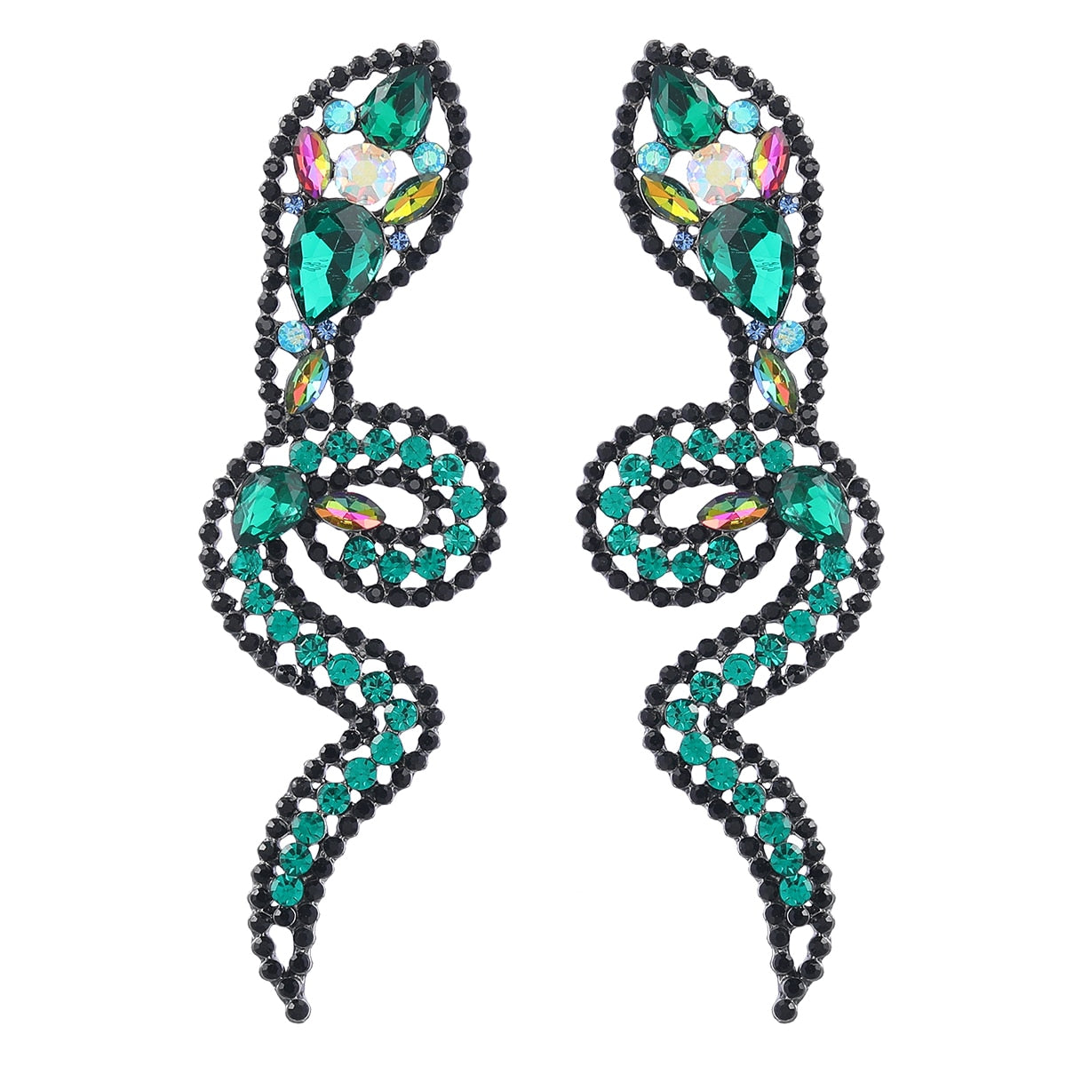 Fashion Metal Green Rhinestone Snake Shaped Earrings Women