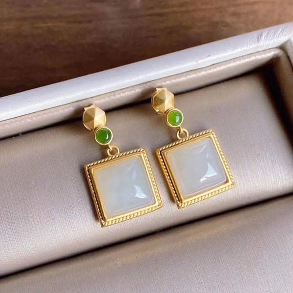 Original design new natural Hetian jade small square brand earrings