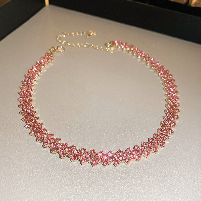 Fashion Pink Purple Gold Color Rhinestone Choker Necklaces for Women