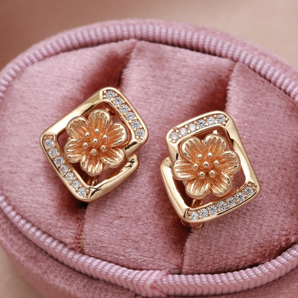 Elegant Geometric Rectangle Hollow Flower 585 Gold Earrings for Women