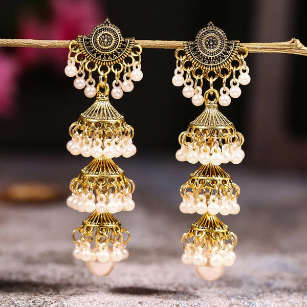 Vintage Antique Gold Color Alloy Simulated Pearl Tassel Long Jhumka Earrings