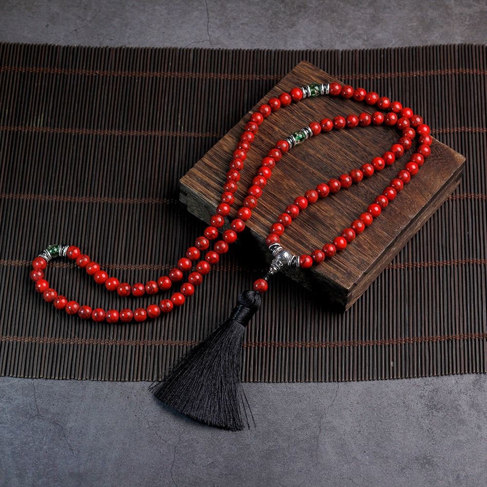 Red Pine Stone Beads necklace 108 suitcase with tassel