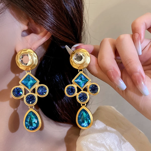 Statement Heavy Earrings Personality New Fashion Dangling Blue Crystal Large Earrings