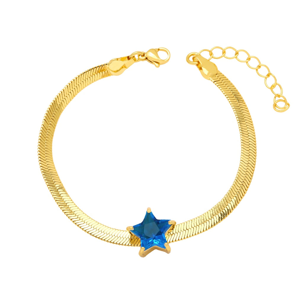 Thick Gold Plated Snake Chain Bracelets for Women Copper CZ Rhinestone Star Bracelets