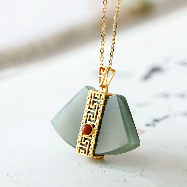 natural Hetian jasper fan-shaped pendant ladies necklace