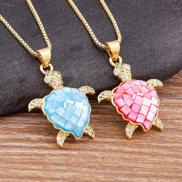 New Arrival Cute Animal Tortoise Colorful Crystal Shell Pendant Zircon Necklace Women