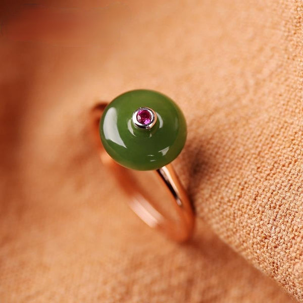 rose gold inlaid natural hetian jade jasper opening adjustable ring