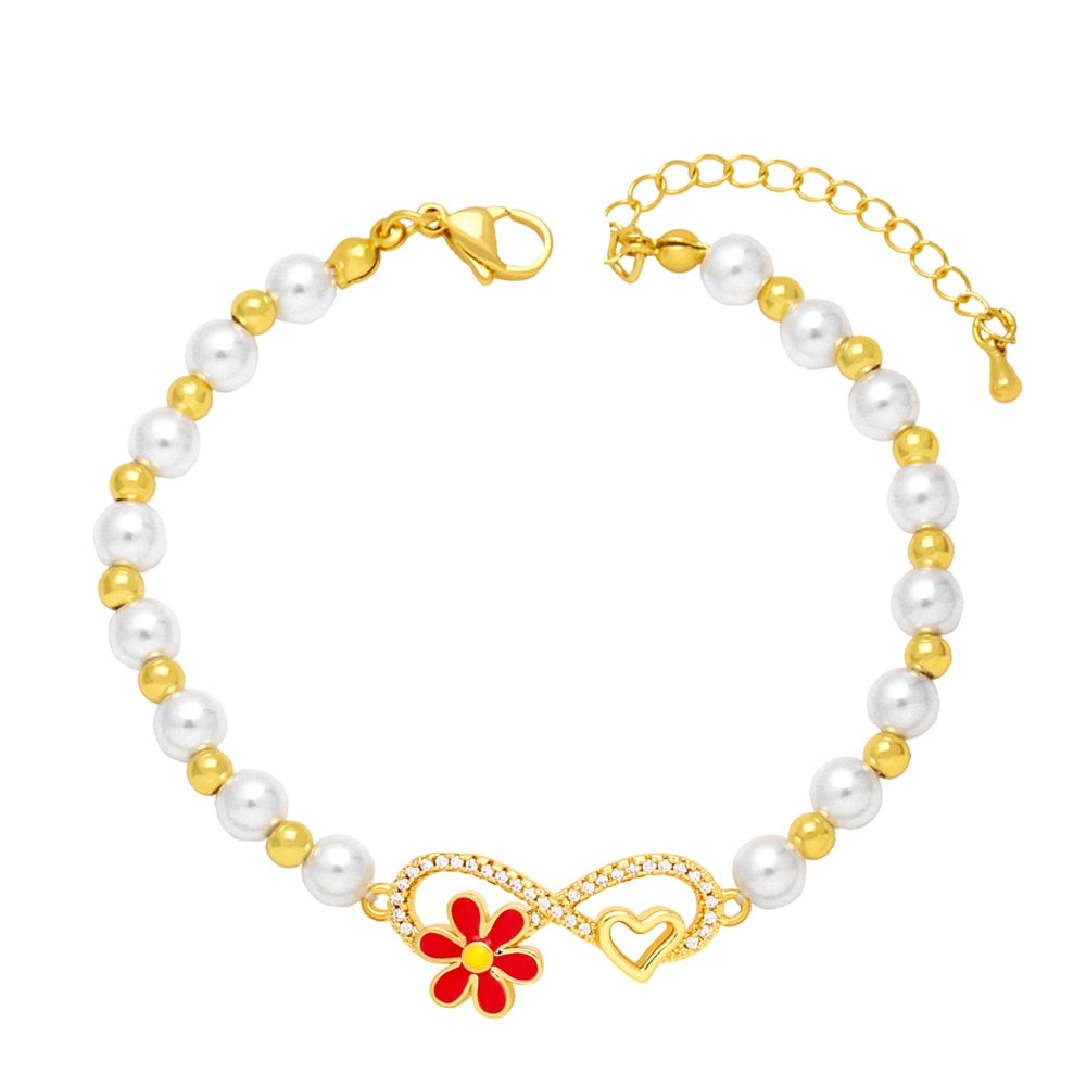 Enamel Colorful Daisy Bracelets for Women White Pearl Beads CZ Rhinestone Infinity Bracelets