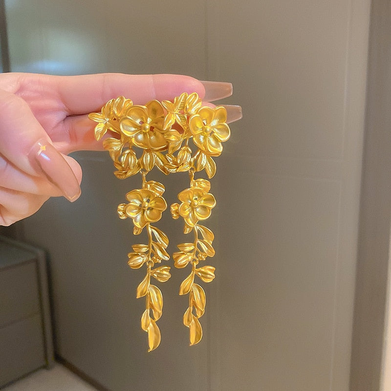 New Golden Flower Tassel Drop Earrings For Women