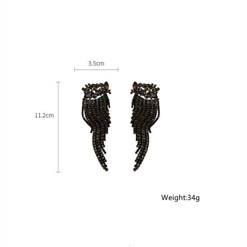 Long Tassel Geometric Drop Earrings for Women Black Flowers Crystal Dangle Earrings