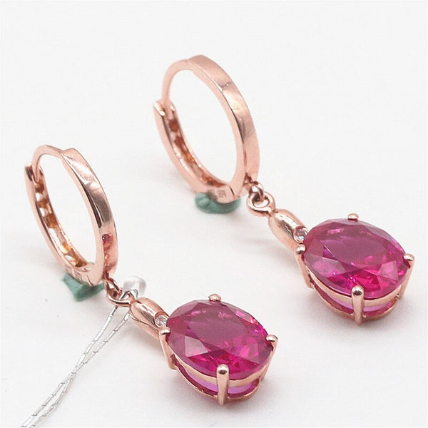 gold plated 14K rose gold inlaid ruby oval earrings for women