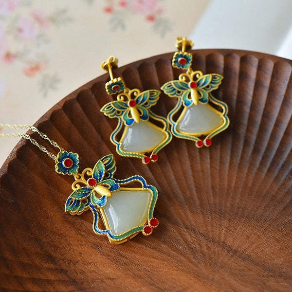 Natural Hetian Jade Enamel Porcelain Geometric Necklace Pendant Earrings