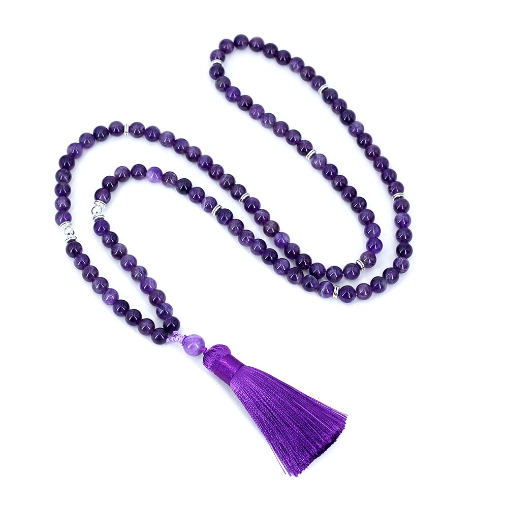 8mm Amethyst Necklace with tassel, Peaceful Heart Calming JaPaMala