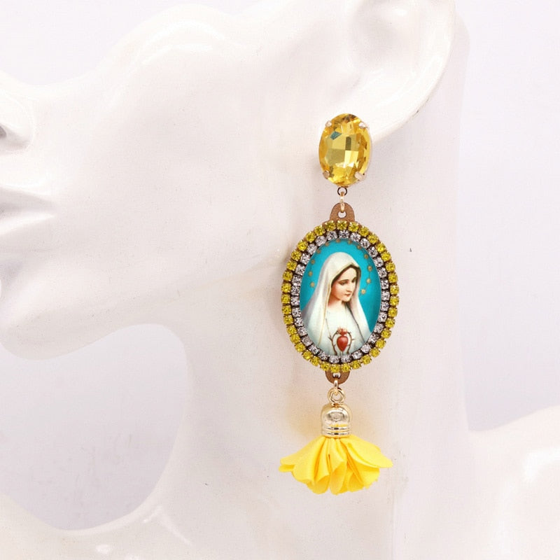 Bohemian Flower Earrings For Women Virgin Mary Earrings Angel Pendant Rhinestone Earrings