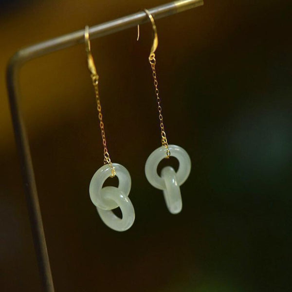 Creative new in silver inlaid natural Hetian jade chain long Interlocking earrings for women