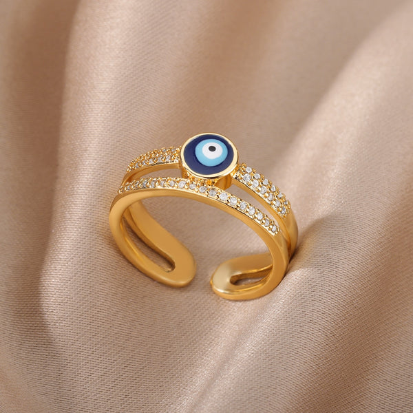 Blue Turkish Evil Eye Rings For Women Open Adjustable Double Chain Devil Eye Ring