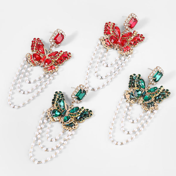 Fashion Metal Imitation Pearl Butterfly Rhinestone Earrings Women