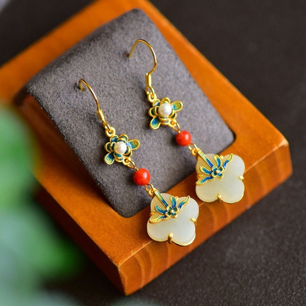 Original natural chalcedony flower enamel drop earrings for women