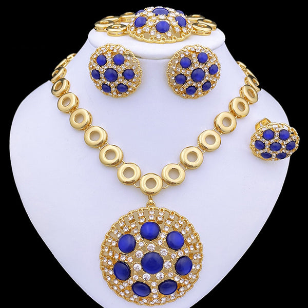 Italian Gold Plated Jewelry Set Rhinestones Jewelry Gold Color Necklace Earrings Set