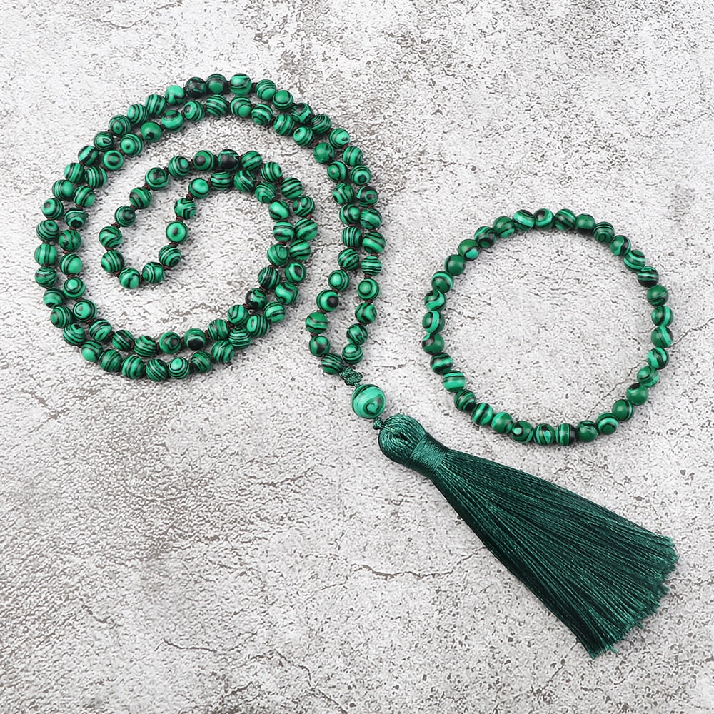 Tibetan 108 Mala Bracelet Necklace High Quality Natural Stone Beads Green Malachite Necklace