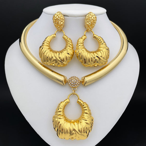 Dubai Women Necklace Earrings Set African Fashion Jewelry Nigeria Gold Plated Bride Jewelry