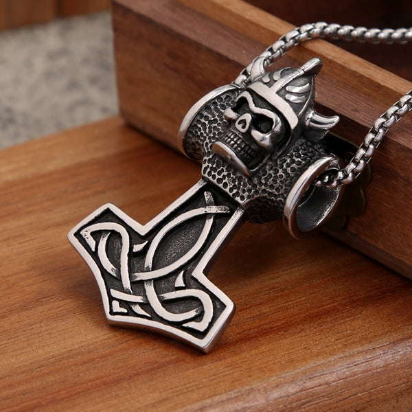 Vintage Viking Thor's Hammer Skull Pendant Men's