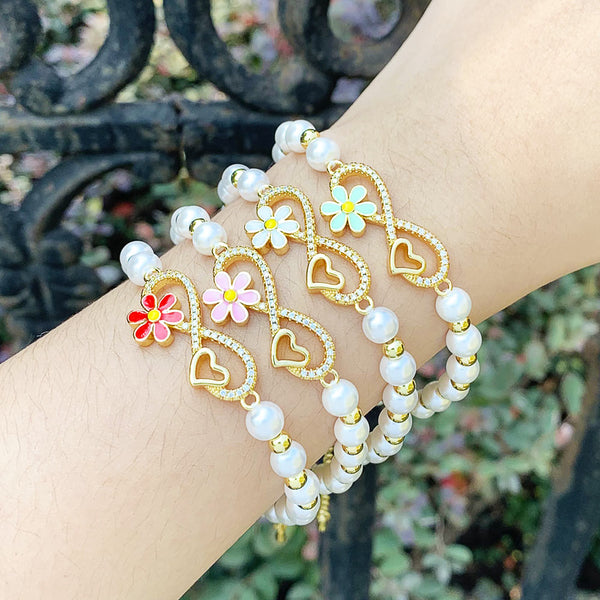 Enamel Colorful Daisy Bracelets for Women White Pearl Beads CZ Rhinestone Infinity Bracelets