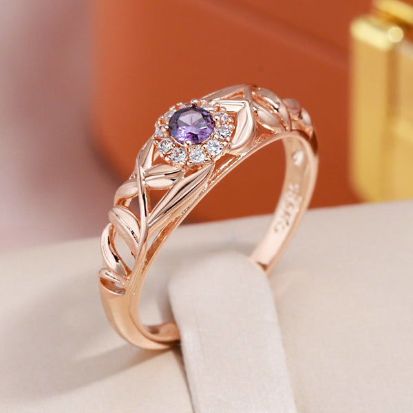 Purple Zircon Hollow Texture Design 585 Gold Color Rings for Women