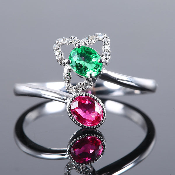 Color matching double gemstone ruby emerald ring