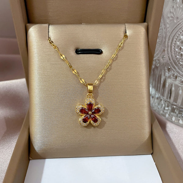 Korean Elegant Temperament Red Flower Pendant Necklace For Women