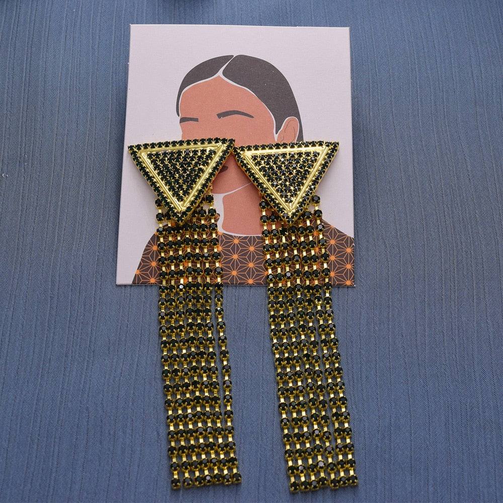 11.8cm Exaggerated triangular metal rhinestones tassel big women earrings