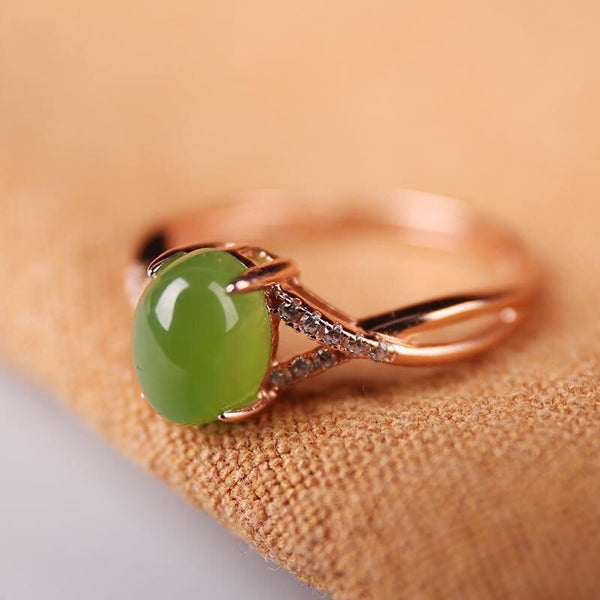 Original Natural Hetian Green Jade Diamond Oval Opening Adjustable Ring