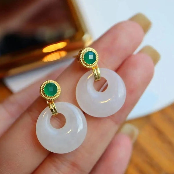 New ancient method gold craft diamond natural Hetian white jade earrings