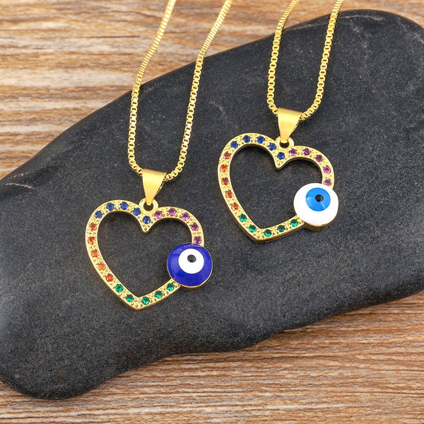 European and American Dazzling Zircon Love Heart Evil Eye Shape Pendant Necklaces