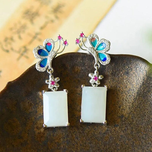 natural Hetian white jade square butterfly enamel porcelain earrings