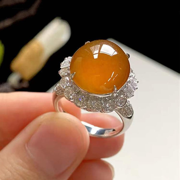 Classic Design Natural Chalcedony Orange Egg Face Flower Ladies Ring