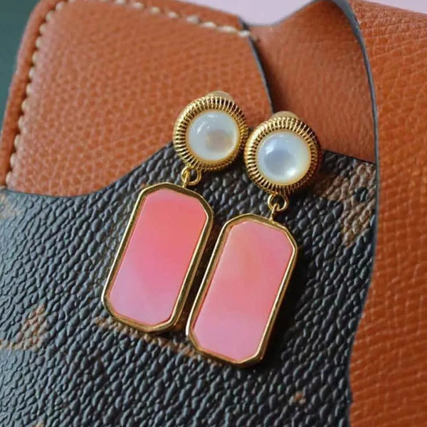 Inspiration Design Inlaid Pink Zircon Geometric Rectangle Earrings