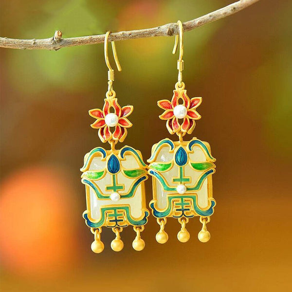 Natural Hetian jade enamel porcelain pearl earrings for women