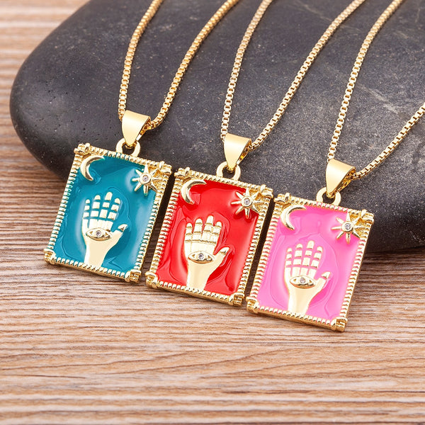 Enamel 5 Colors Geometric Square Fatima Hand Turkey Evil Eye Oil Drop Necklace Women