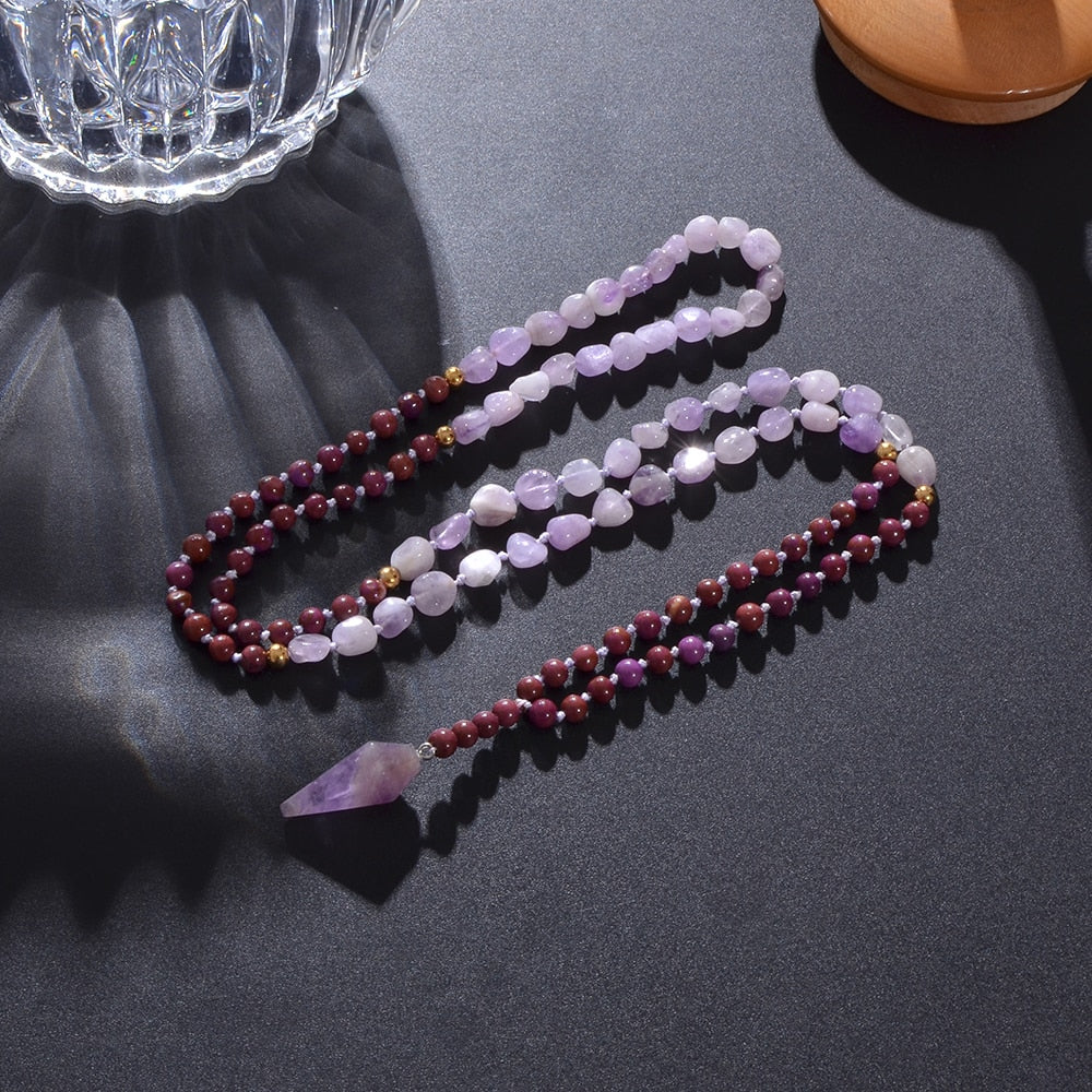 Irregular Natural Amethyst Bead Knot 108 Mala Necklace