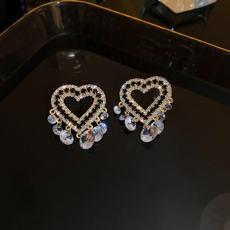 Hollow Heart Zircon Crystal Drop Earrings Ladys Rhinestone Dangle Earrings for Women