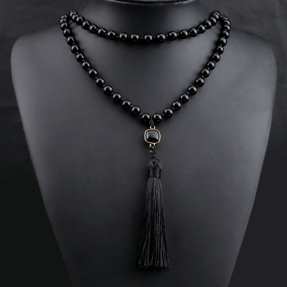 Natural Black Onyx Stone Beads Necklaces 8mm Couple Natural Stone Charm Necklaces Women