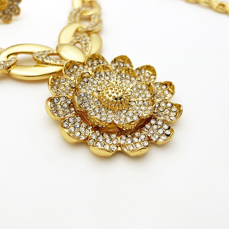 Dubai Gold Color Jewelry Set Women Necklace Earrings Flower Large Pendant