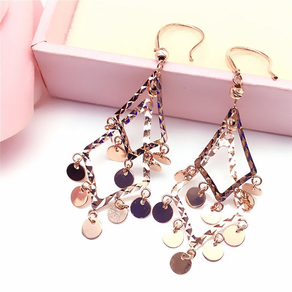 585 purple gold plated 14K rose gold glossy disc tassel ethnic style earrings for women