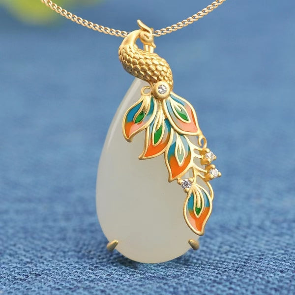 Classic Enamel Porcelain Inlaid Zircon Natural Hetian Jade Oval Peacock Necklace