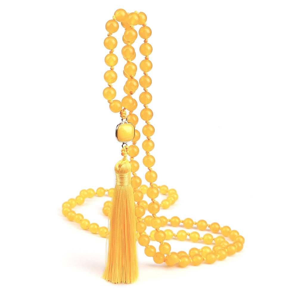 Fashion 108 Mala Natural Yellow Chalcedony Beads Necklaces For Women