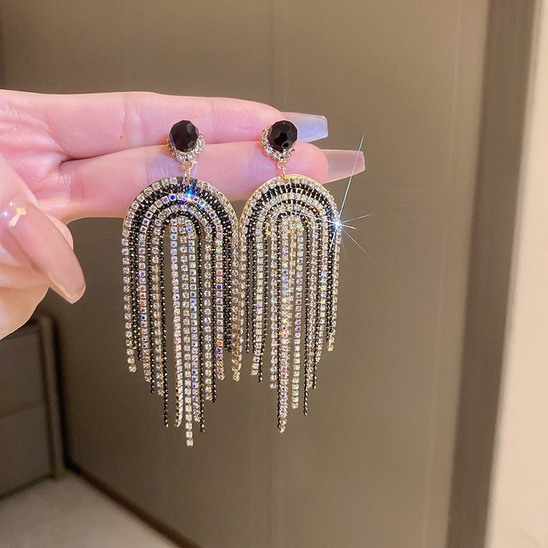 Long Tassel Drop Earrings for Women White Black Rhinestone Dangle Earrings